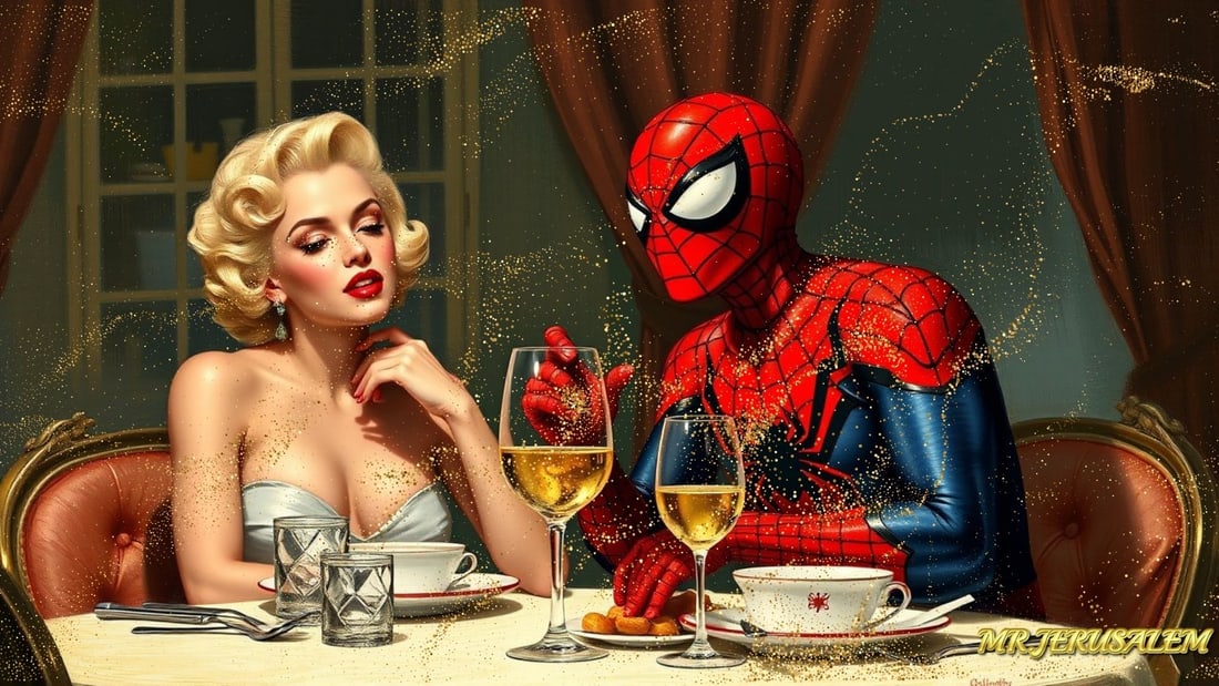 Spiderman - Dinner With Marliyn Monroe-D1, Limited Edition of 50 Pieces, Signed & Numbered: Please note the images you see here for the artworks is protected with artist name in gold & gold glitter watermark. The original artworks will be unique and one-of-a-kind, hand painted with glue