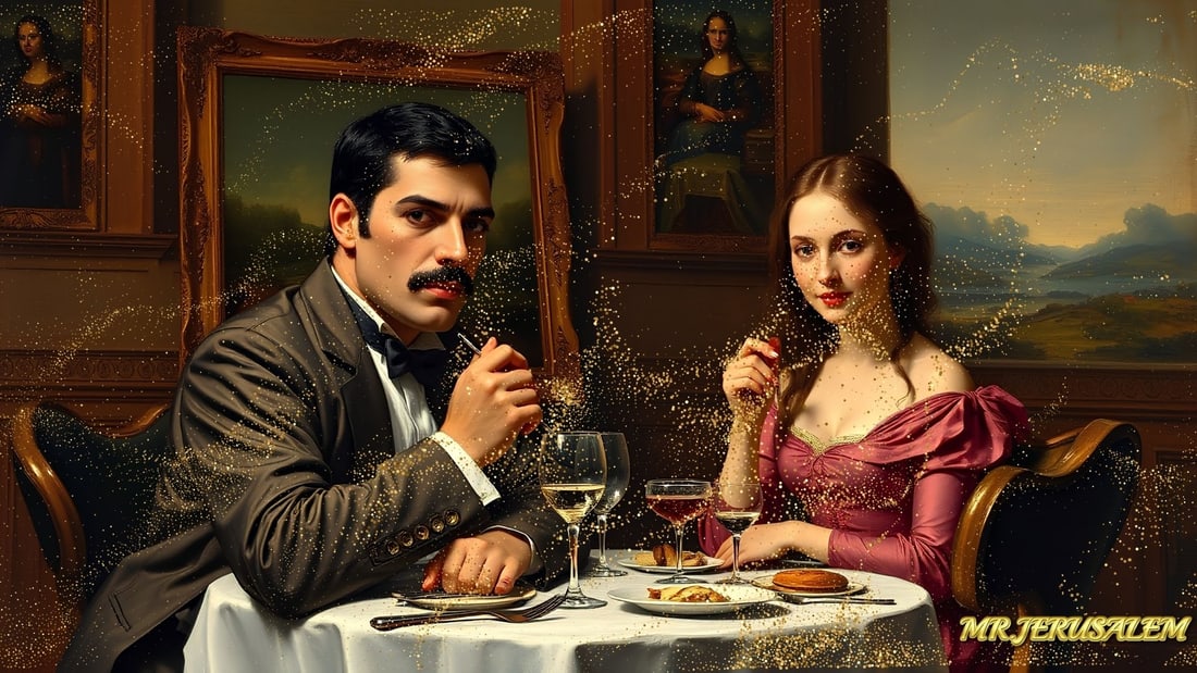 Freddie Mercury - Dinner With Mona Lisa-D2, Limited Edition of 50 Pieces, Signed & Numbered: Please note the images you see here for the artworks is protected with artist name in gold & gold glitter watermark. The original artworks will be unique and one-of-a-kind, hand painted with glue