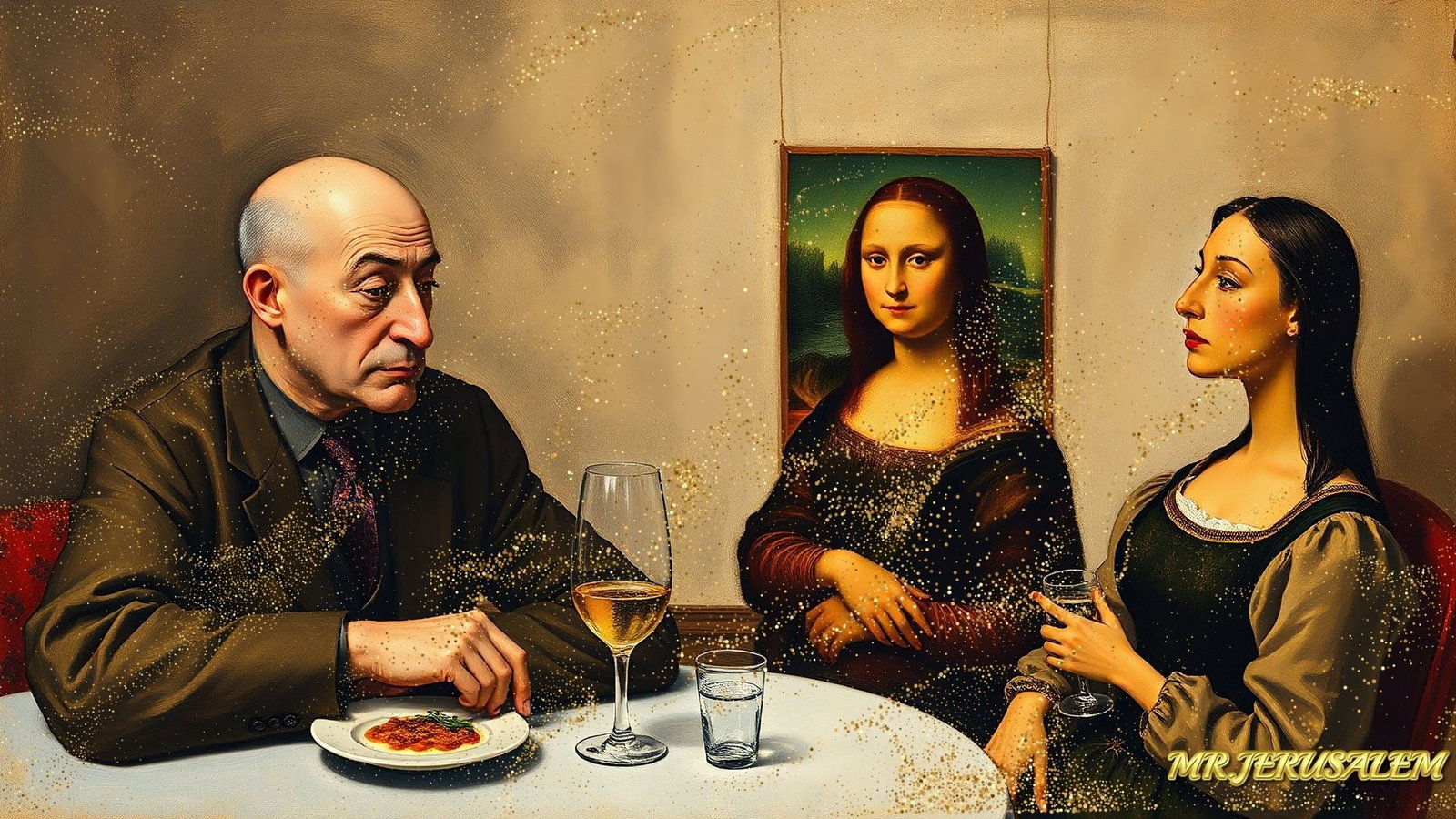 Joan Miro - Dinner With Mona Lisa-D2, Limited Edition of 50 Pieces, Signed & Numbered: Please note the images you see here for the artworks is protected with artist name in gold & gold glitter watermark. The original artworks will be unique and one-of-a-kind, hand painted with glue