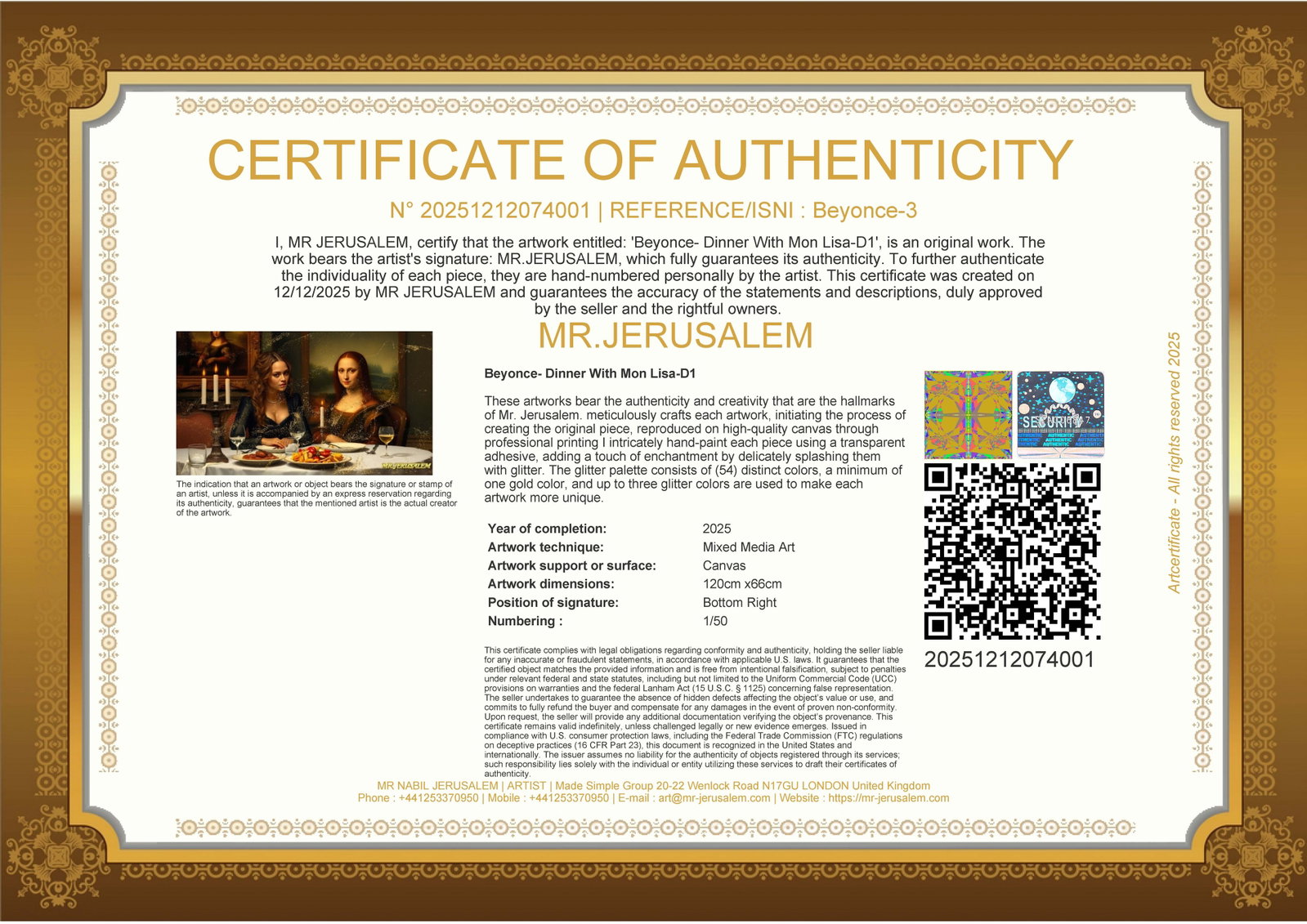 Beyonce - Dinner With Mona Lisa- D1, Limited Edition of 50 Pieces, Signed & Numbered - 3