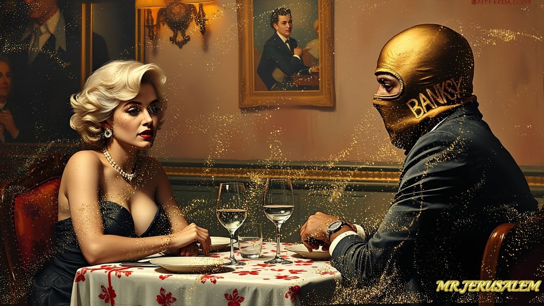 Banksy - Dinner With Marilyn Monroe- D2, Limited Edition of 50 Pieces, Signed & Numbered: Please note the images you see here for the artworks is protected with artist name in gold & gold glitter watermark. The original artworks will be unique and one-of-a-kind, hand painted with glue