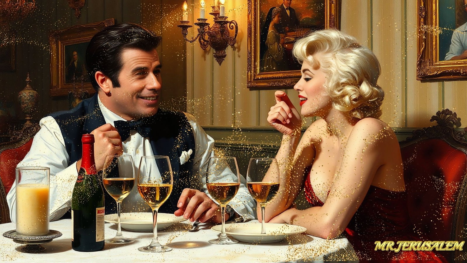 John Travolta - Dinner With Marilyn Monroe-D2, Limited Edition of 50 Pieces, Signed & Numbered: Please note the images you see here for the artworks is protected with artist name in gold & gold glitter watermark. The original artworks will be unique and one-of-a-kind, hand painted with glue