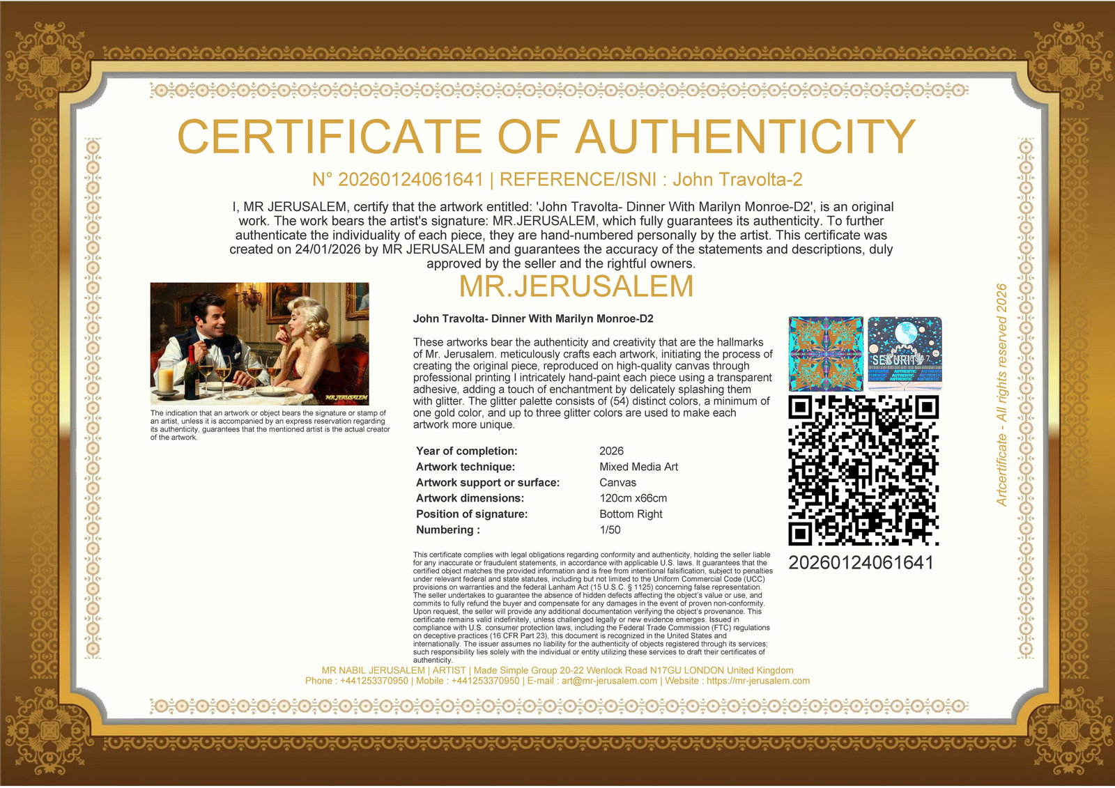 John Travolta - Dinner With Marilyn Monroe-D2, Limited Edition of 50 Pieces, Signed & Numbered - 3