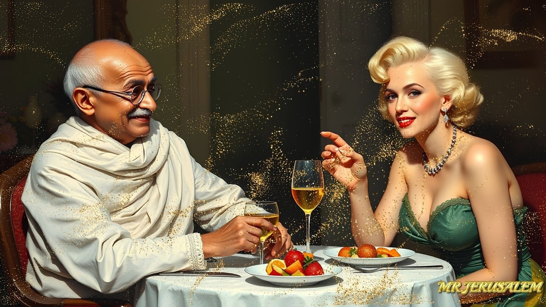 Gandhi - Dinner With Marilyn Monroe-D1, Limited Edition of 50 Pieces, Signed & Numbered: Please note the images you see here for the artworks is protected with artist name in gold & gold glitter watermark. The original artworks will be unique and one-of-a-kind, hand painted with glue
