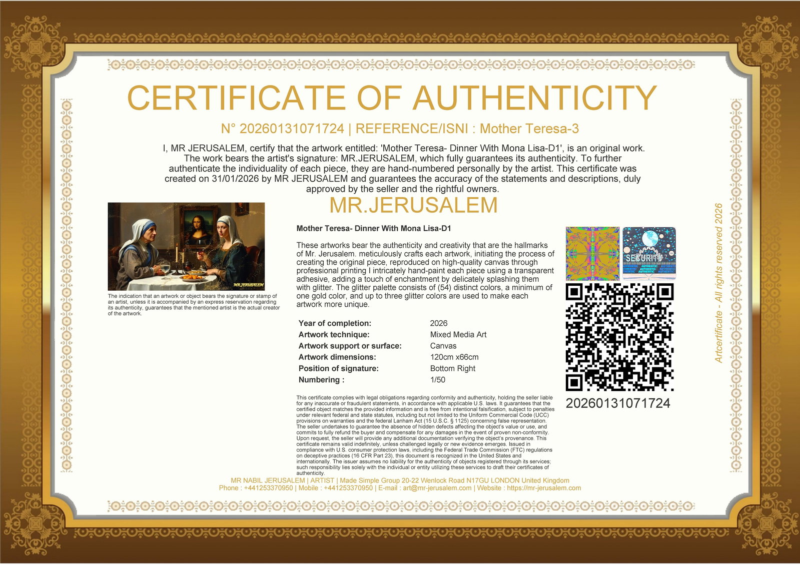 Mother Teresa - Dinner With Mona Lisa-D1, Limited Edition of 50 Pieces, Signed & Numbered - 3