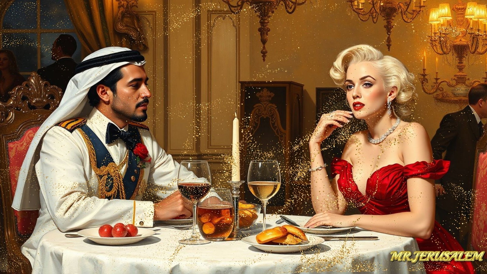 Prince Of Qatar - Dinner With Marliyn Monroe-D1, Limited Edition of 50 Pieces, Signed & Numbered: Please note the images you see here for the artworks is protected with artist name in gold & gold glitter watermark. The original artworks will be unique and one-of-a-kind, hand painted with glue