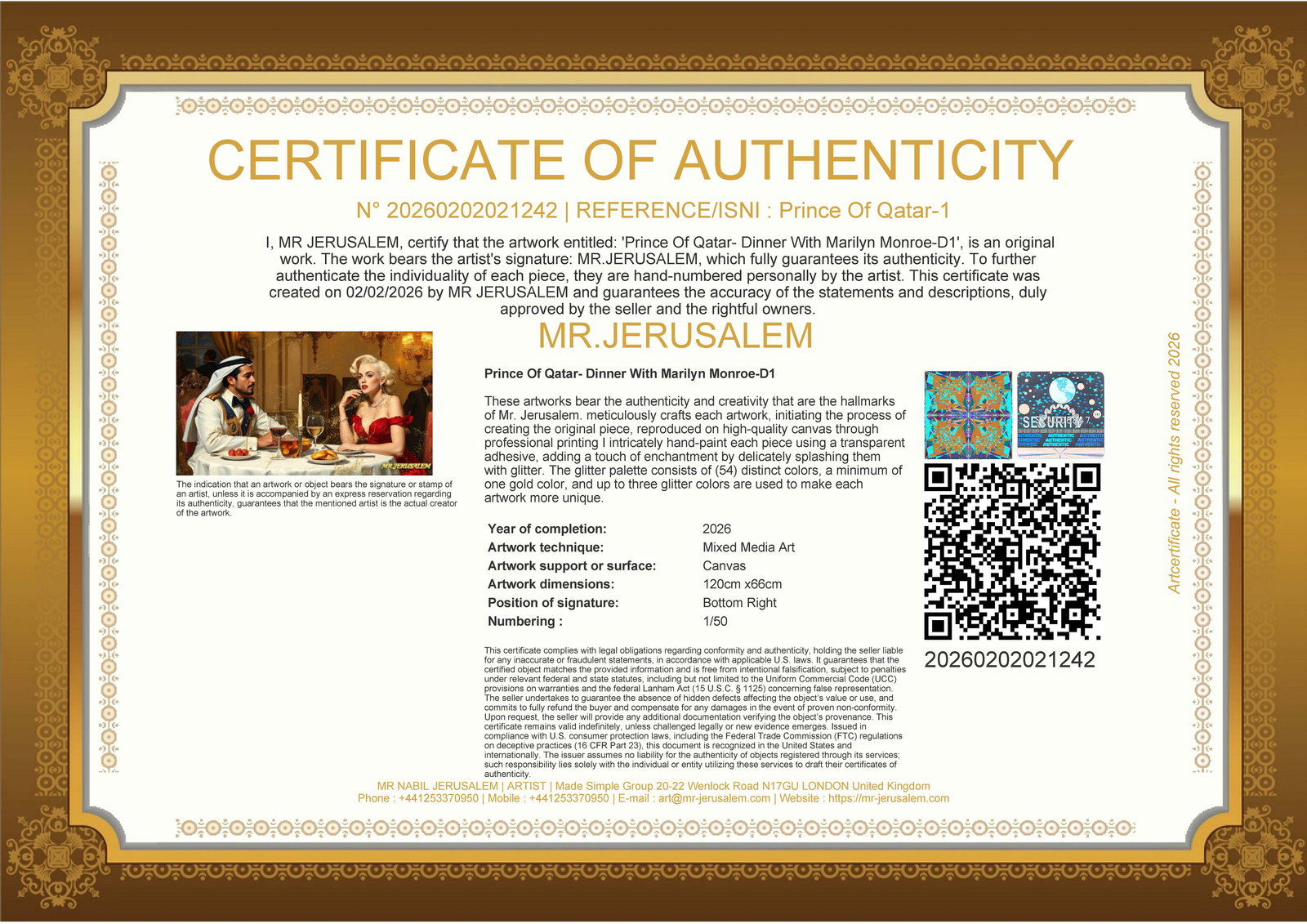 Prince Of Qatar - Dinner With Marliyn Monroe-D1, Limited Edition of 50 Pieces, Signed & Numbered - 3