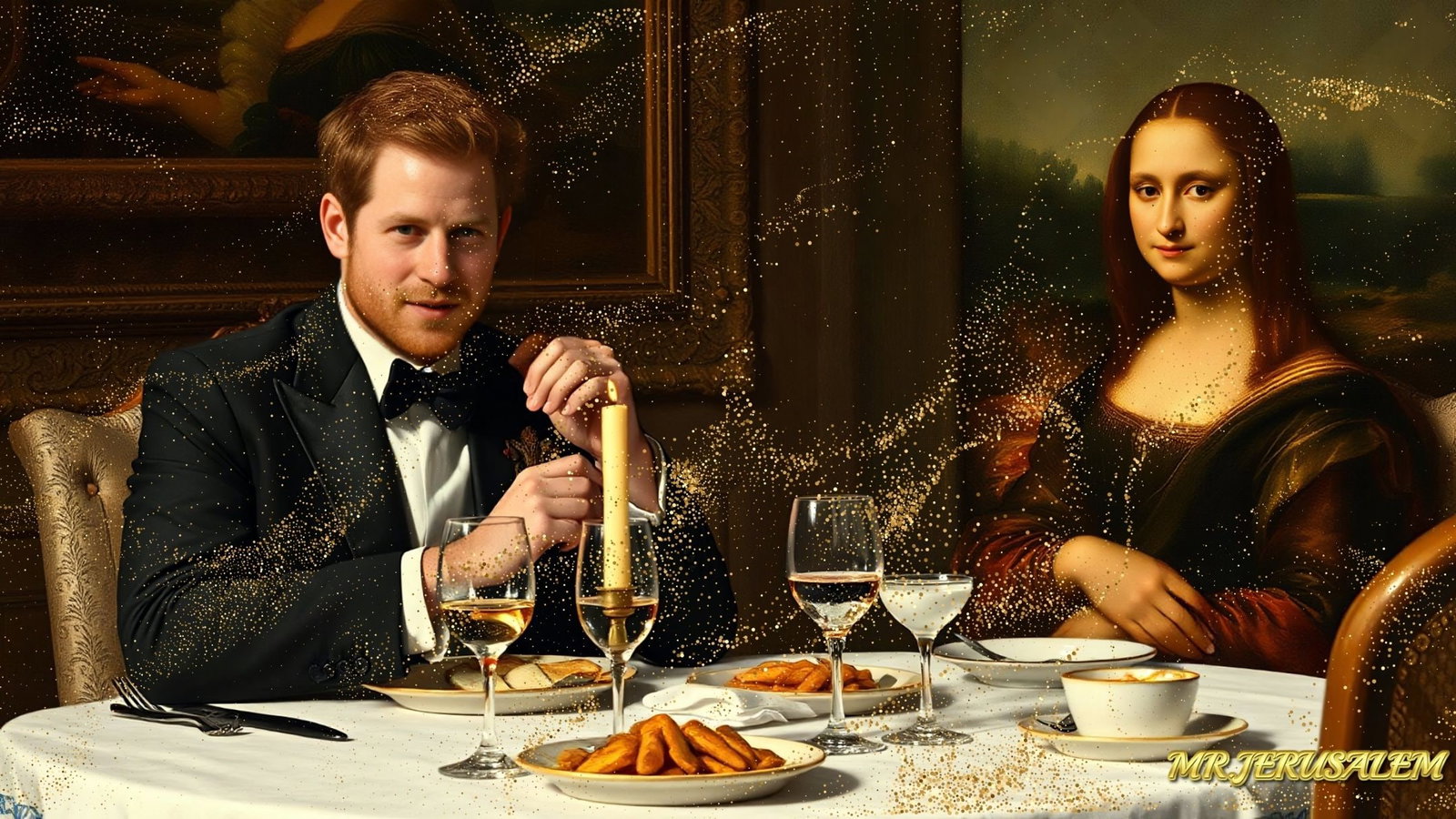 Prince Harry - Dinner With Mona Lisa-D1, Limited Edition of 50 Pieces, Signed & Numbered: Please note the images you see here for the artworks is protected with artist name in gold & gold glitter watermark. The original artworks will be unique and one-of-a-kind, hand painted with glue