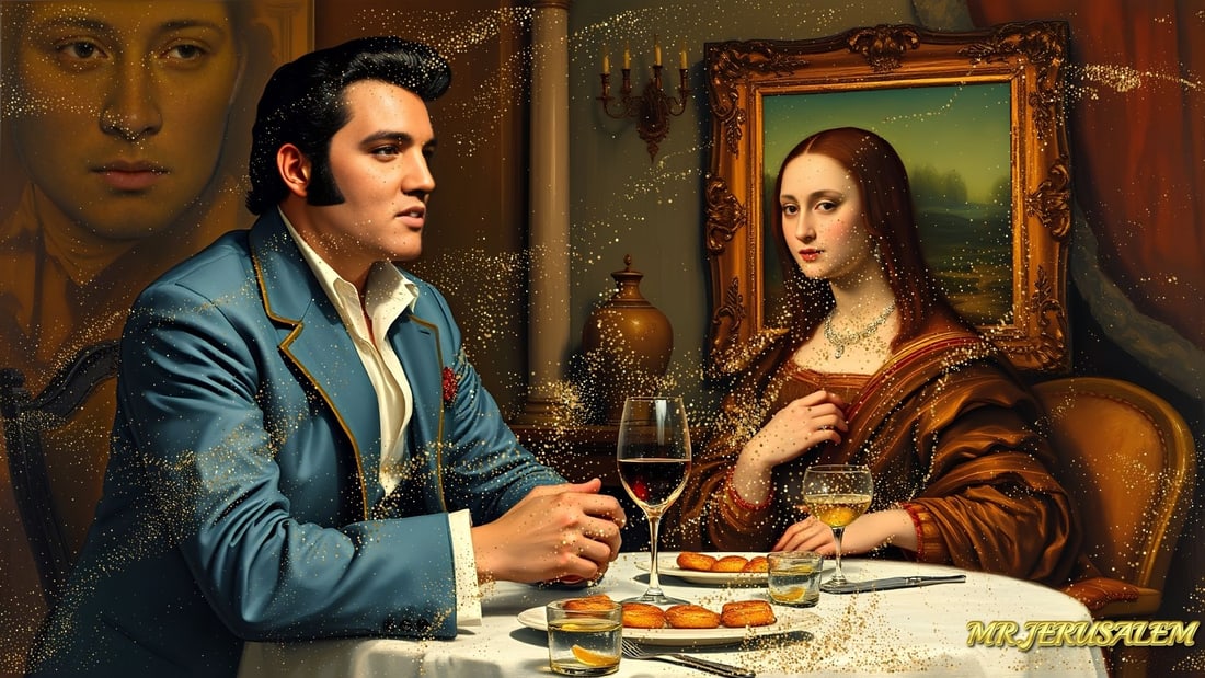 Elvis Presley - Dinner With Mona Lisa-D1, Limited Edition of 50 Pieces, Signed & Numbered: Please note the images you see here for the artworks is protected with artist name in gold & gold glitter watermark. The original artworks will be unique and one-of-a-kind, hand painted with glue