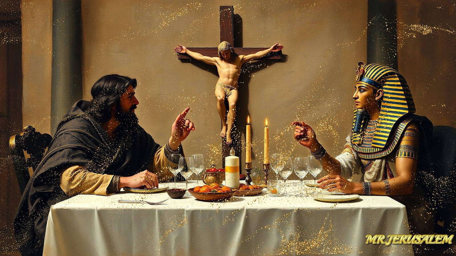 Jesus Christ Dinner With Tutankhamun-D1, Limited Edition of 50 Pieces: Please note the images you see here for the artworks is protected with artist name in gold & gold glitter watermark. The original artworks will be unique and one-of-a-kind, hand painted with glue