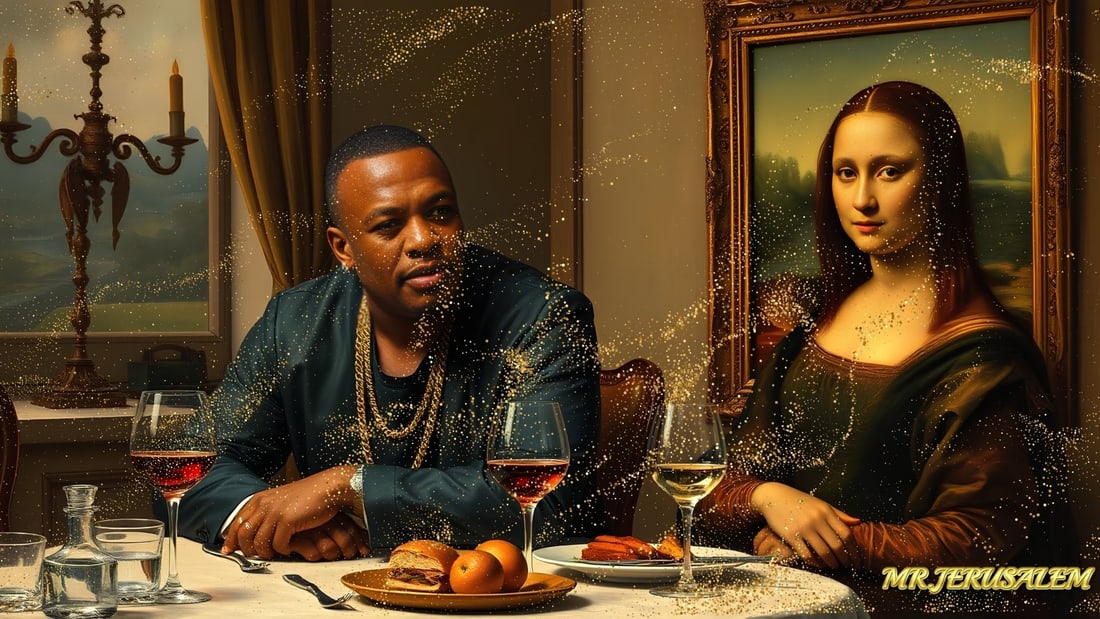 Dr. Dre - Dinner With Mona Lisa-D1, Limited Edition of 50 Pieces, Signed & Numbered: Please note the images you see here for the artworks is protected with artist name in gold & gold glitter watermark. The original artworks will be unique and one-of-a-kind, hand painted with glue