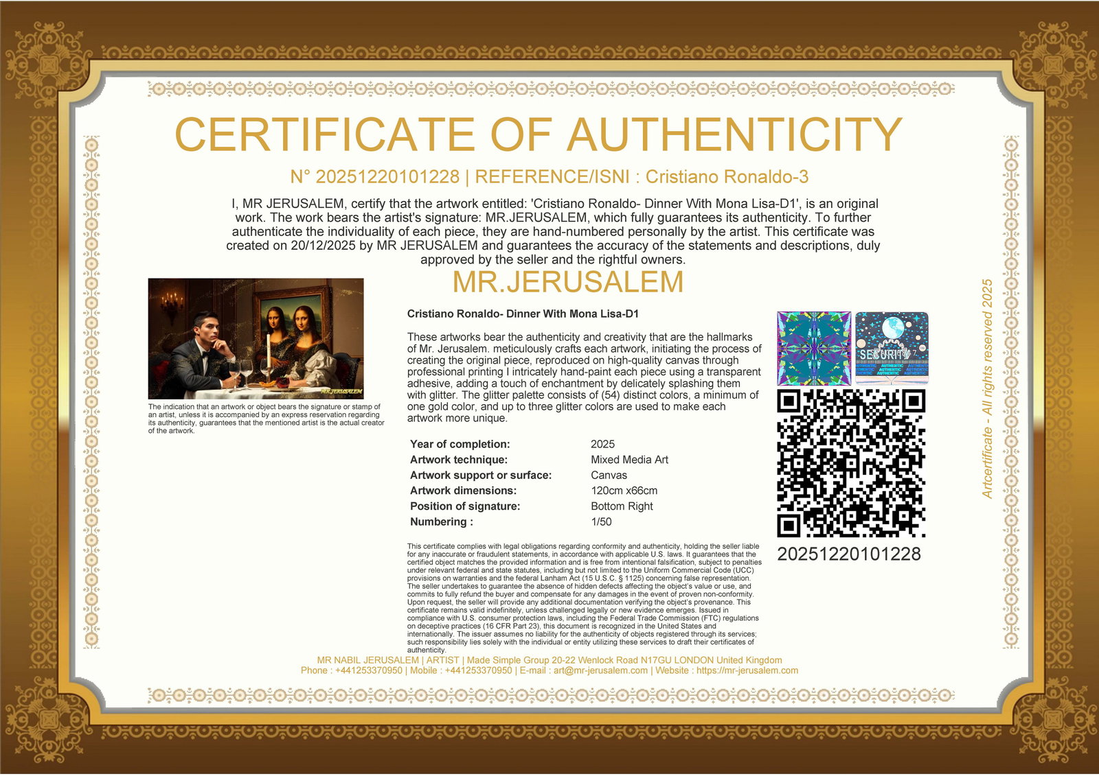 Cristiano Ronaldo - Dinner With Mona Lisa-D1, Limited Edition of 50 Pieces, Signed & Numbered - 3