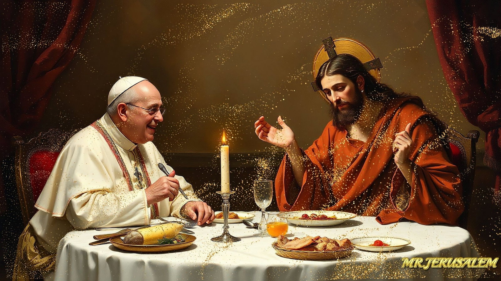 Pope Francis- Dinner With Jesus Christ, Mixed Media, Limited Edition of 50 Pieces, Signed & Numbere: Please note the images you see here for the artworks is protected with artist name in gold & gold glitter watermark. The original artworks will be unique and one-of-a-kind, hand painted with glue