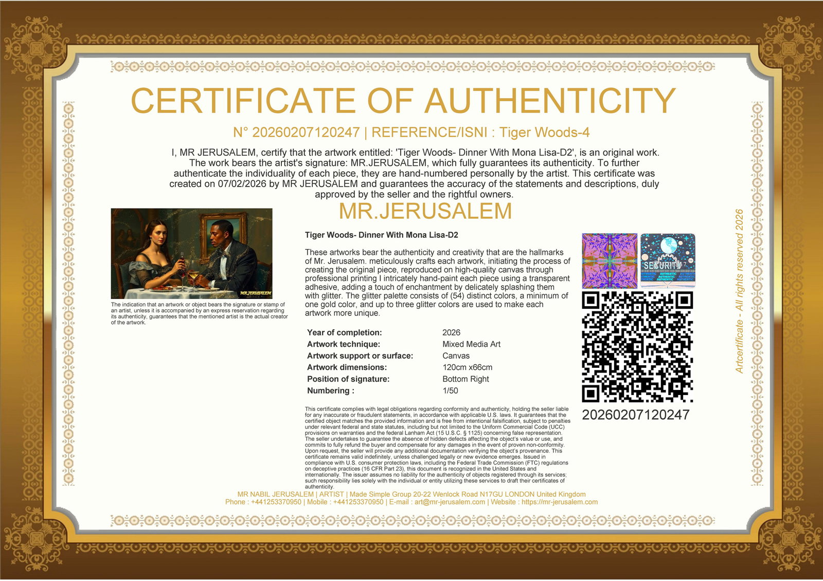 Tiger Woods - Dinner With Mona Lisa-D2, Limited Edition of 50 Pieces, Signed & Numbered - 3