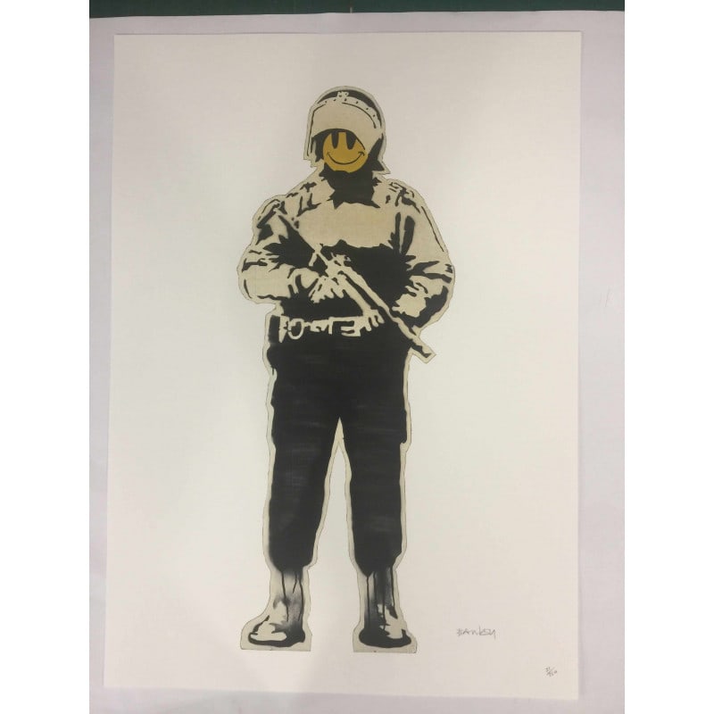 Banksy, "In the manner of the artist Banksy", Limited Edition, Signed Print, Seal, Stamp,: Banksy, In the manner of?, Limited Edition, Signed Print, Seal, Stamp, Limited edition of (150) signed lithograph offset on Fabriano Cotton Privilege paper, with Grafi