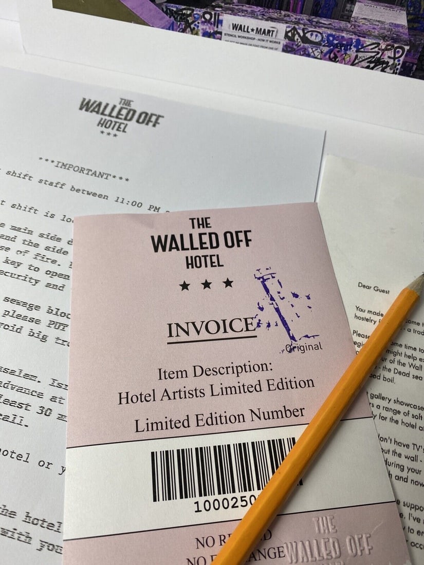 The Walled Off Hotel, Limited Edition, Original Print.: 2022 Screen print on paper, Solid Finishing: Classic (250 gsm gloss) Limited Edition of 1500 Numbered and Stamped / seal Sizes- 420 X594mm The Walled Off Hotel Invoice<