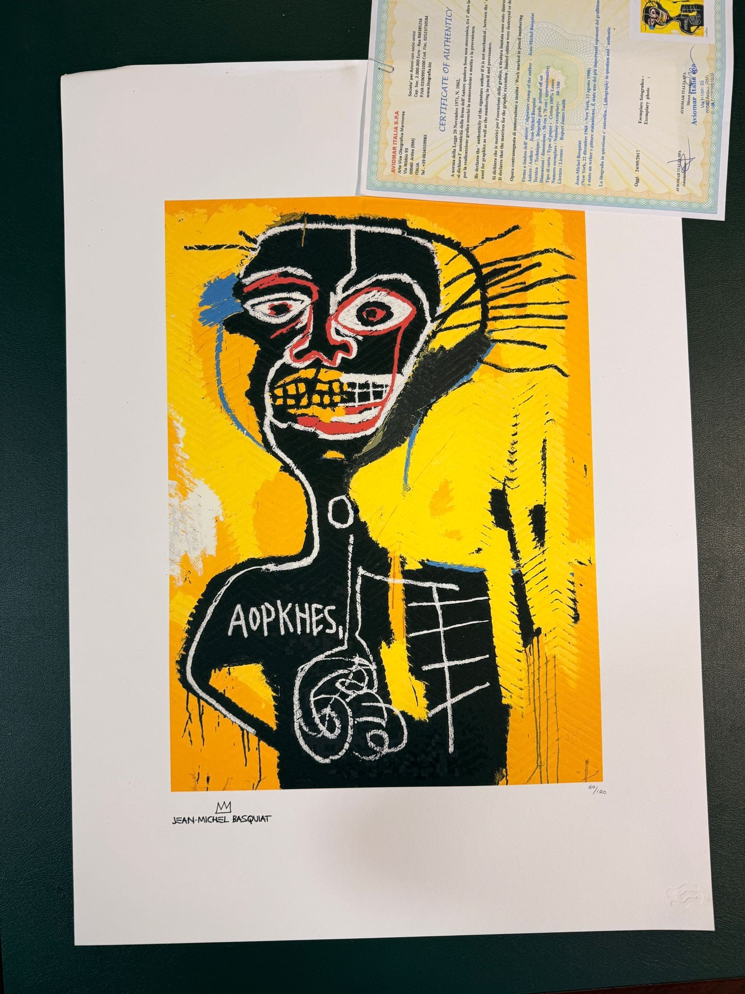 Jean-Michel BASQUIAT "AOPKHES"1982 lithography, certificate, ,signed: It is a 1982 lithography by artist Jean-Michel Basquiat, titled "AOPKHES." This limited edition print features the artist's signature and comes with a certificate. Basquiat's expressionistic style and