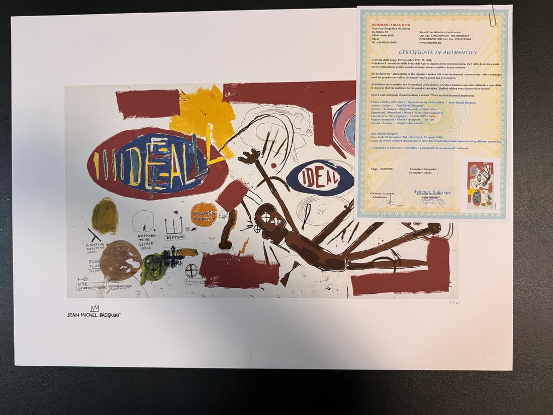 Jean-Michel Basquiat (American Artist 1960 -1988), Ideal -Limited Edition Lithographic Print No.: Jean-Michel Basquiat (American Artist 1960 -1988), Ideal -Limited Edition Lithographic Print No. 50/100, Blind Stamp and verification of authenticity holographic sticker to reverse, signed, 50 x 70cm,