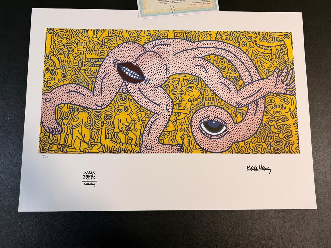 Keith Haring, Lithography, ann?es 1990: Keith Haring, signed and numbered.Lithography representing schematic characters, in its blond oak frame.Numbered 51/150.American work realized in the 1990s.Dimensions: W 70 x H 50 x D 2 cm