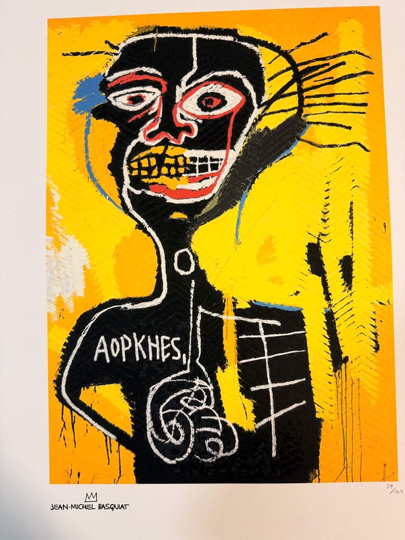 Jean-Michel BASQUIAT "AOPKHES"1982 lithography, certificate, ,signed: It is a 1982 lithography by artist Jean-Michel Basquiat, titled "AOPKHES." This limited edition print features the artist's signature and comes with a certificate. Basquiat's expressionistic style and