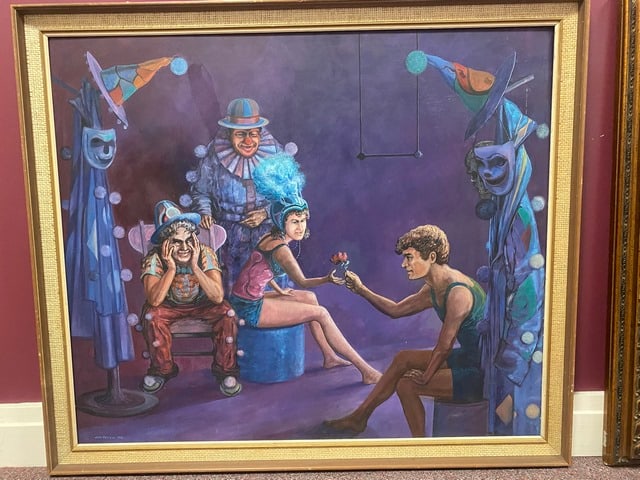 John Peirson, Oil Painting, Original, Signed, Dated, 1998, The Circus Rose,: John Peirson, Oil Painting, Original, Signed, Dated, 1998, This is a painting featuring several figures dressed in what appears to be clown or jester costumes. The painting is signed