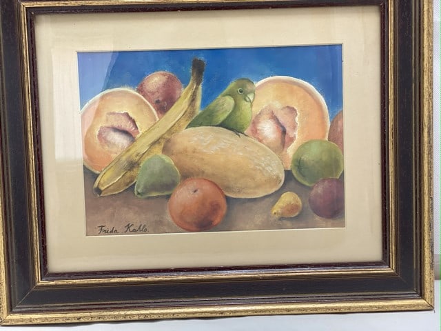 Frida Kahlo - Still Life Fruit with Bird Signed: Production date: 1950's Still Life: Fruit with bird, in the 'style of Frida Kahlo An example of modernism art represeuts beautiful realistic sill-life with exotic fruit and little parrot. Gouache on