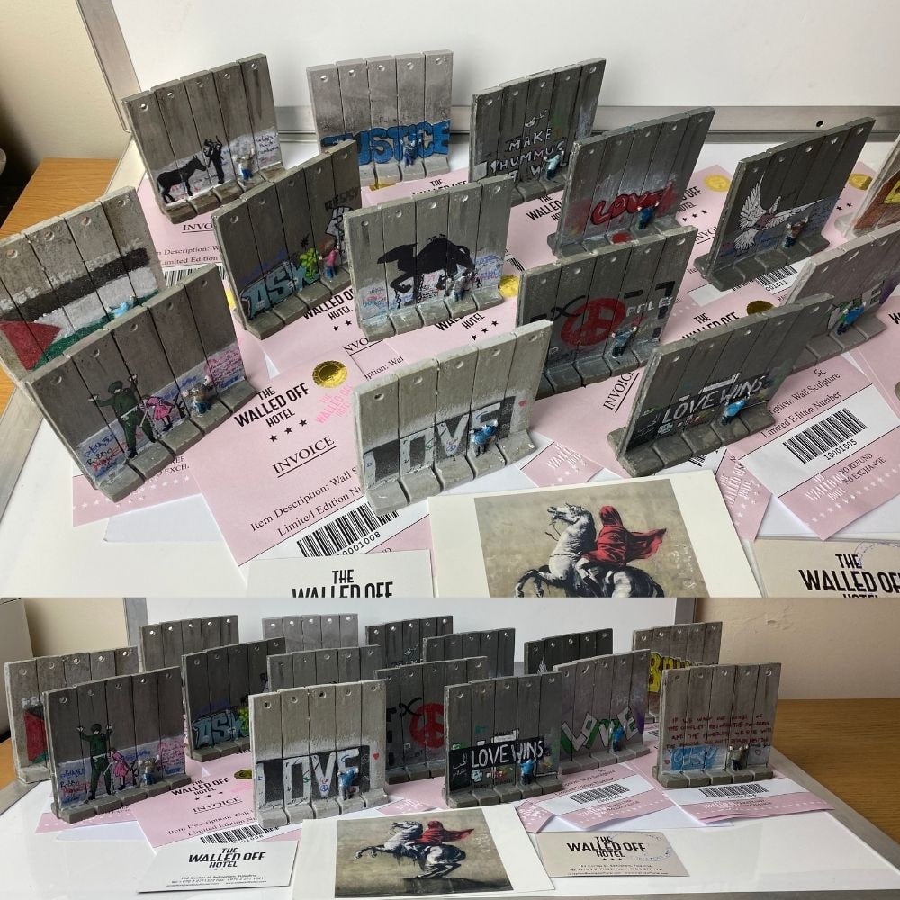 BANKSY. THE WALLED OFF HOTEL- WALL SECTION- SET OF 10: BANKSY. THE WALLED OFF HOTEL- WALL SECTION- SET OF 10- 2022 New Edition Wall Sculpture. Banksy The Walled Off Hotel.Hand Painted. Wall Sculpture.Wall Section- 5 Panels x 10 one of each artwork.Size-