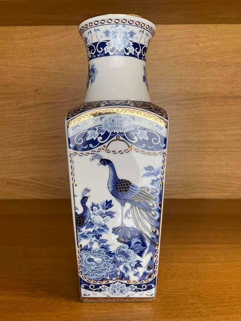 Blue/white/gilt decorated Pheasant square vase. 20cms tall. Porcelain. no marks (1 of 5)