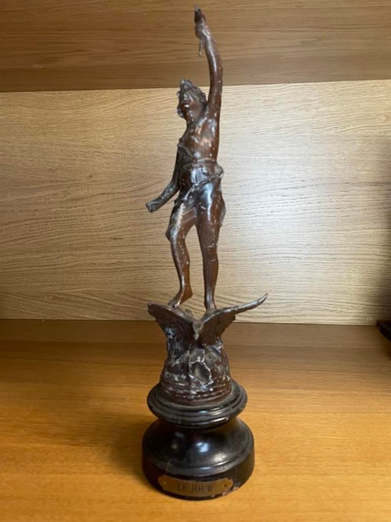 Firmin Bate, Antique Art Nouveau Bronze Candelabrum: Splendid original antique Art Nouveau bronze three-light candelabrum by French sculptor Firmin Bate. The elongated nude extends her arms to hold three flower buds designed to hold candles.