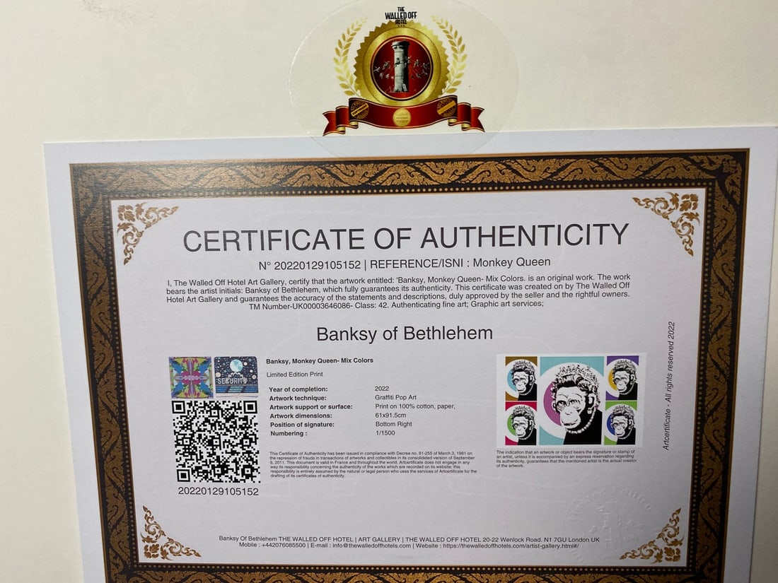 Banksy, In the manner of”, COA. Walled Off Hotel, Original, Limited Edition. Signed. Numbered - 6