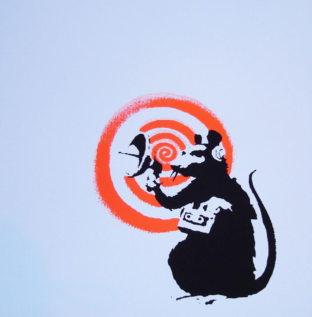 BANKSY - RADAR RAT L/E SCREEN PRINT W/PUBLISHER STAMP: BANKSY - RADAR RAT L/E SCREEN PRINT, LIMITED EDITION OF : 200. These prints are produced using the exact methods as the early works; silk screen printed by hand onto the correct 300 GSM wove paper, to