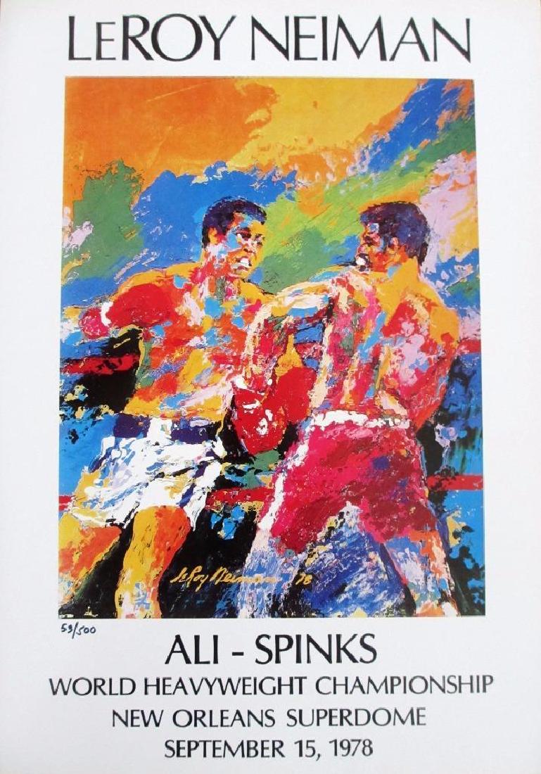 Leroy Neiman Numbered offset lithograph "Ali - Spinks": NOTE: Glare/shadows from camera, not on artwork, which is in excellent condition!Each offset lithograph we offer has been sourced from the Signed and Numbered Limited Edition Book entitled "Leroy Neim