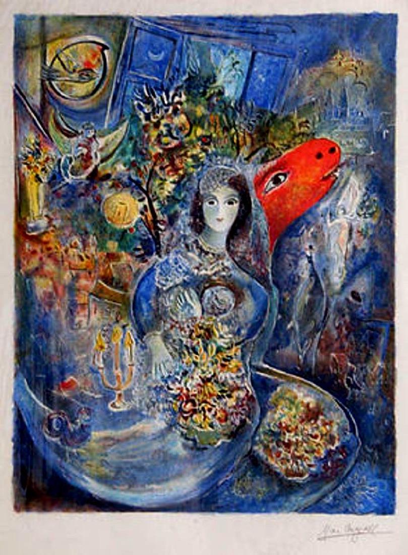 Chagall "Bella" Limited Edition Abstract Litho 32x24: Chagall Lithograph "Bella" Limited Edition, Facsimile Signed Pencil Numbered (edition of 500) Offset Lithograph entitled "Bella" by Chagall on fine art stock. This piece is in excellent condition, unu