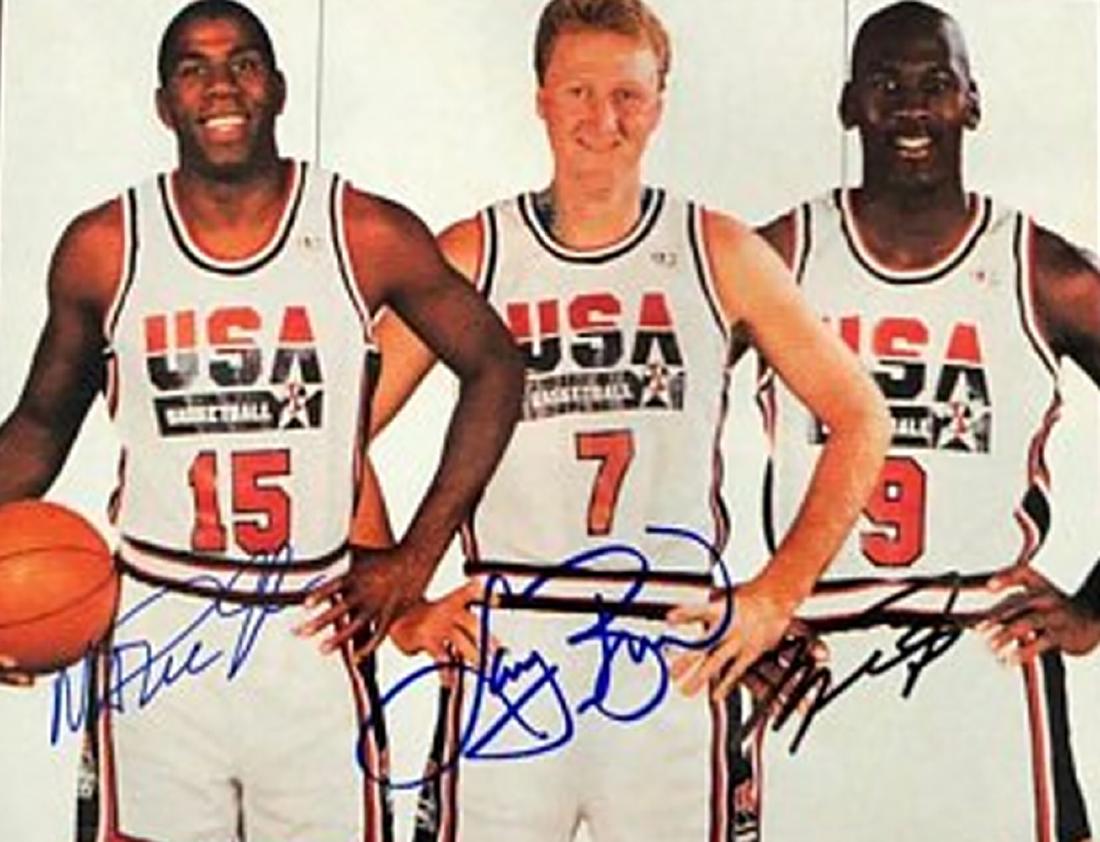Michael Jordan Magic Johnson Larry Bird Triple Signed: Michael Jordan Magic Johnson Larry Bird Triple Signed photo 8 x 10 inches
