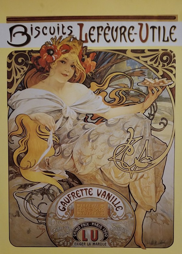Alphonse Mucha BISCUITS LEFE`VRE VANILLE offset Print: offset lithograph print. printed in colors on paper Signed on the stone lower left Mucha. A superb impression of the second variant of the image, in which the 1897 calendar printed in the semicircular