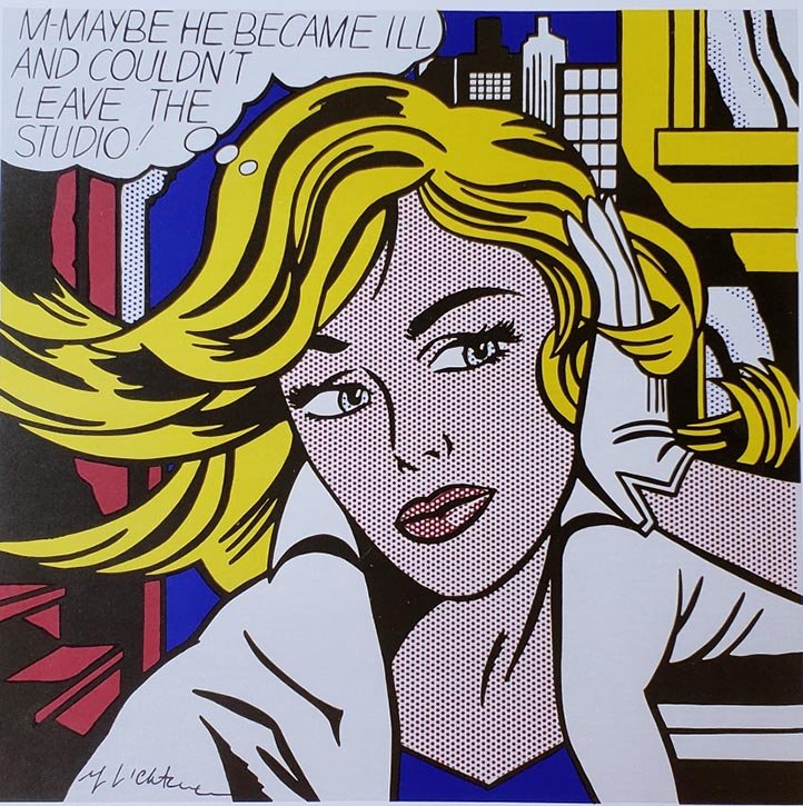 ROY LICHTENSTEIN, M-MAYBE HAND SIGNED OFFSET LITHOGRAPH: ROY LICHTENSTEIN, M-Maybe 1965, Book page off lithograph hand signed Image size: 11 x 11 inch frame size approx: 18" x 18"