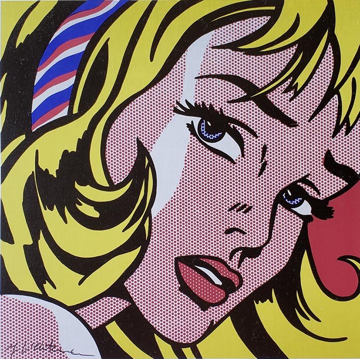 ROY LICHTENSTEIN Girl with hair ribbon 1965 Hand signed: ROY LICHTENSTEIN, Girl with hair ribbon 1965, Book page offset lithograph hand signed Image size: 11 x 11 inch frame size approx: 18" x 18"