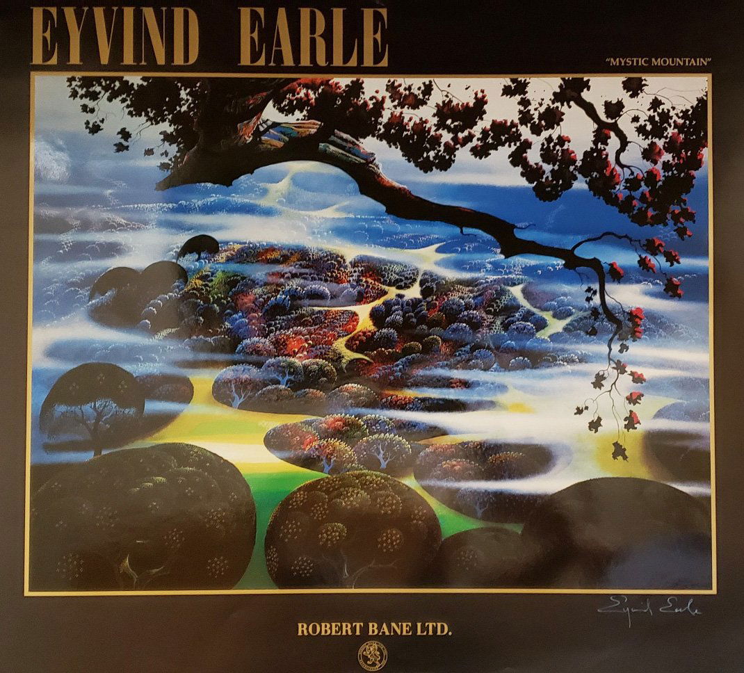 Eyvind Earle, Mystic mountain-1989, Hand signed poster: Mystic Mountain- Art Printby EarlePaper Size, 26" x 32.5"Image Size, 18" x 23 3/4"Date, 1986Hand SignedThis print is a Robert Bane editionThe pictures above are of the exact item you will receive.Thes