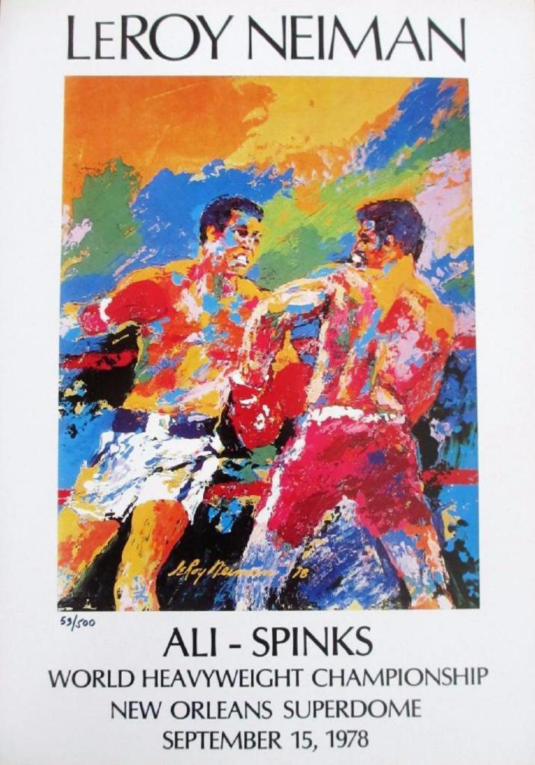 Leroy Neiman Numbered offset lithograph "Ali - Spinks": NOTE: Glare/shadows from camera, not on artwork, which is in excellent condition!Each offset lithograph we offer has been sourced from the Signed and Numbered Limited Edition Book entitled "Leroy Neim