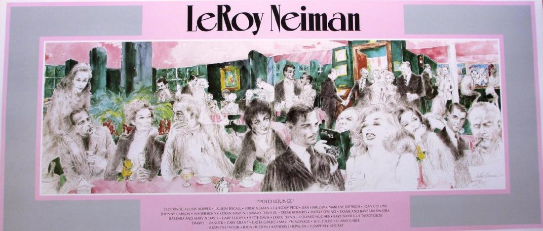 Leroy Neiman Poster Polo Lounge Hollywood Elite Vintage: LEROY NEIMAN - "Polo Lounge" Plate-Signed POSTERHedda Hopper, Lauren Bacall, Clark Gable, Marilyn Monroe, Elizabeth Taylor, WC Fields and others (Beverly Hills Hotel)Open edition poster entitled "Polo
