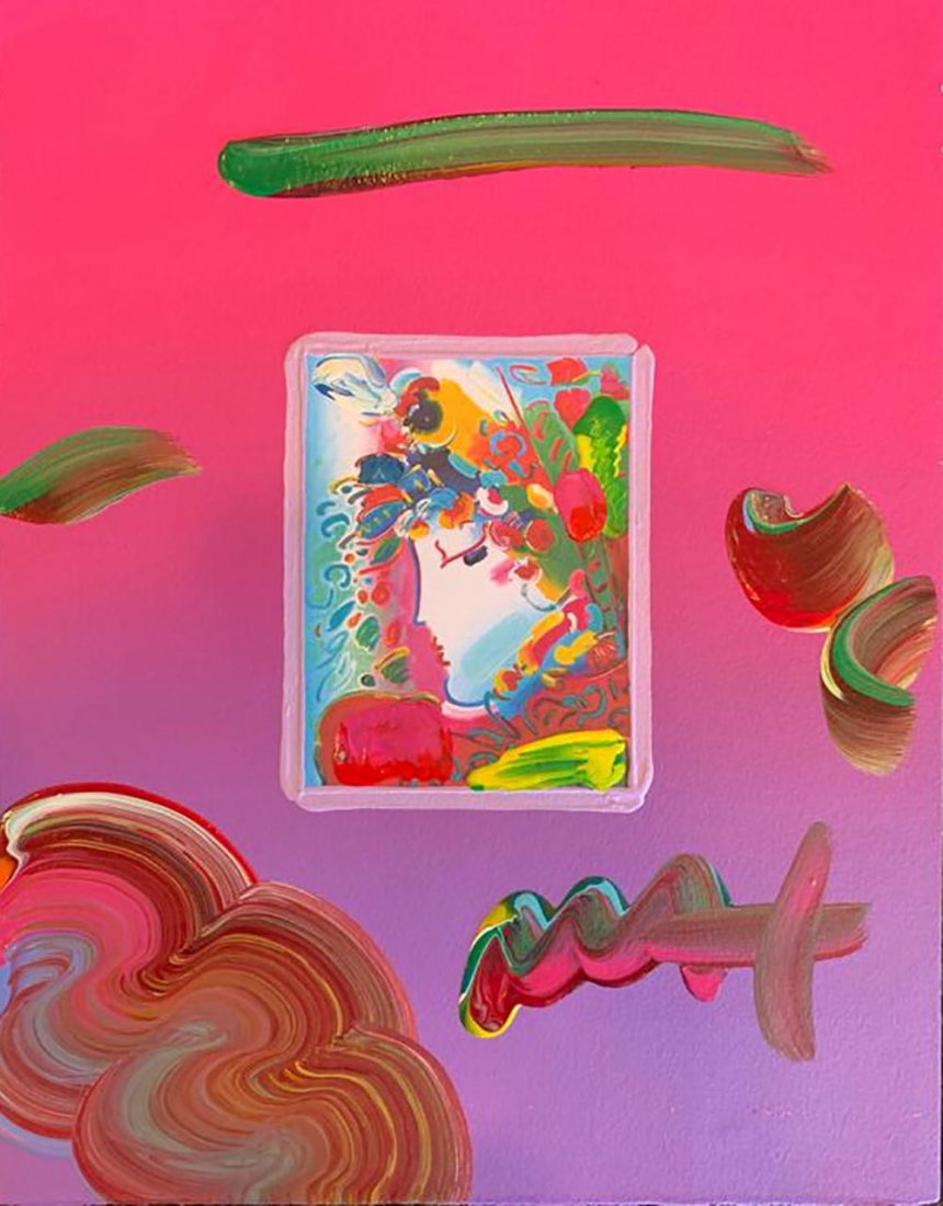 PETER MAX, "Blushing Beauty", ORIG MIXED MEDIA: ORIGINAL MIXED MEDIA, HAND SIGNED, ONE OF A KIND MIX MEDIA ON PAPER, painting size" 8.5" X 11"