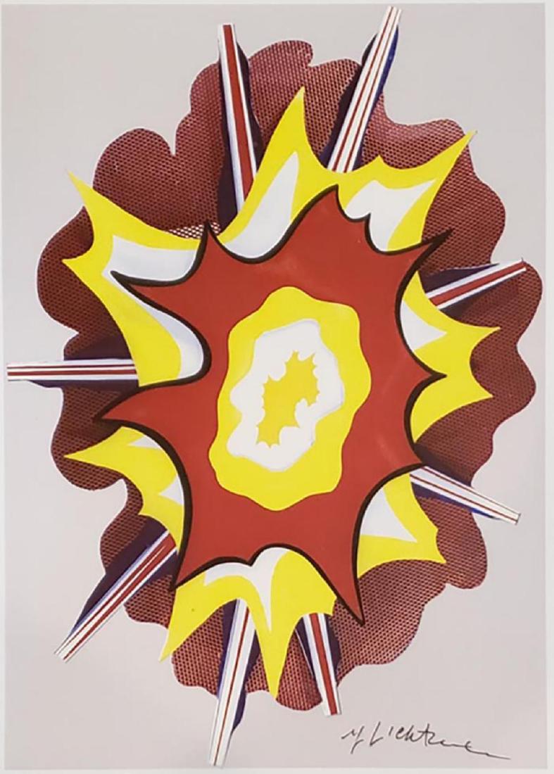 ROY LICHTENSTEIN "Explosion" 1965" Hand signed Framed: ROY LICHTENSTEIN, "Explosion" 1965, Book page offset lithograph hand signed Image size: 11 x 11 inch frame size approx: 18" x 18"