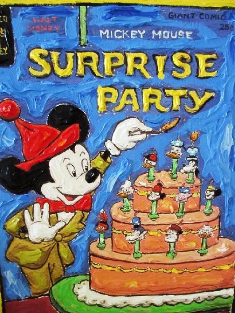 Leslie Lew "Birthday Mickey" Surprise Party Sculpted: Leslie Lew Sculpted Monotype Stretched Canvas "Birthday Mickey" One of a Kind Up for sale is this Limited Edition, Hand Signed & Sculpted Monotype Stretched Canvas entitled " Birthday Mickey" This