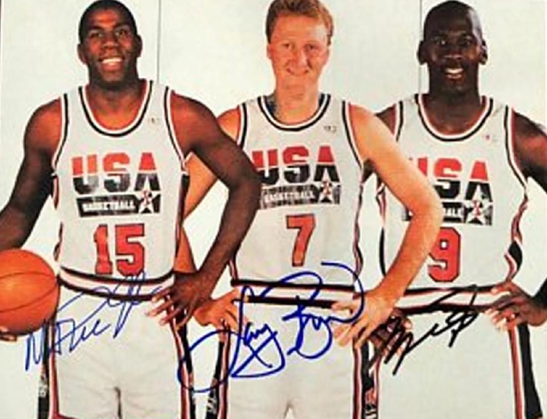 Michael Jordan Magic Johnson Larry Bird Triple Signed: Michael Jordan Magic Johnson Larry Bird Triple Signed photo 8 x 10 inches