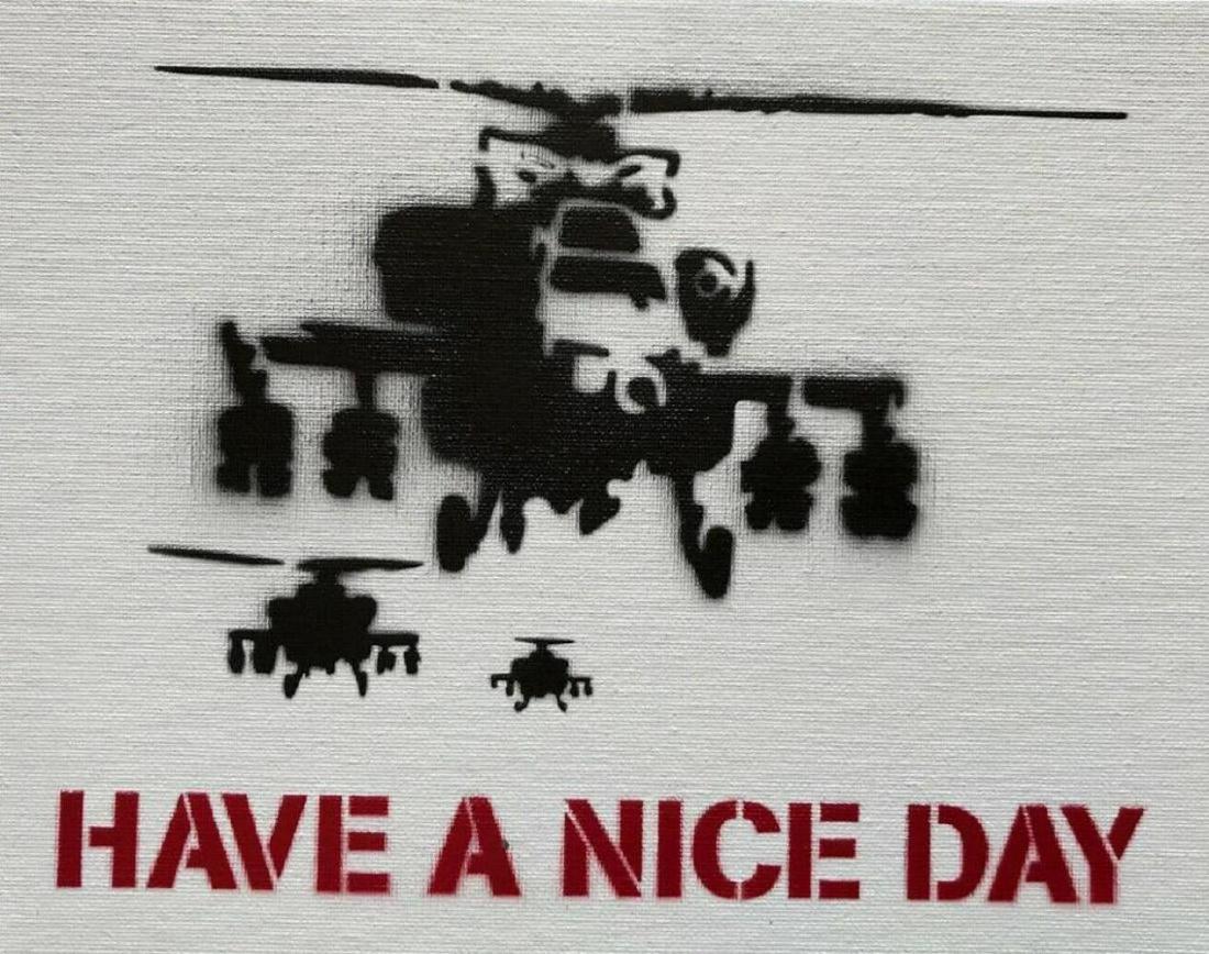 Banksy Dismaland "Have a nice day" spray paint on: Original graffiti artwork from WSM. Sell as souvenir in Dismaland, from an artist invited by Banksy. A tribute for Banksy. Size: 8" x 10" (25.5 x 20.32 cm) canvas board. Dismaland was a temporary art