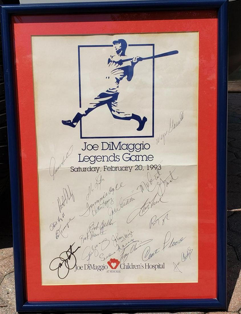 Joe DiMaggio Legends Game Framed autographed: MLB Legends "Joe DiMaggio Legends Game" 17.25" x 21.75" Custom Framed Program 1993 Signed by (23) Including Brooks Robinson, Bob Feller, Frank Howard, Johnny Mize