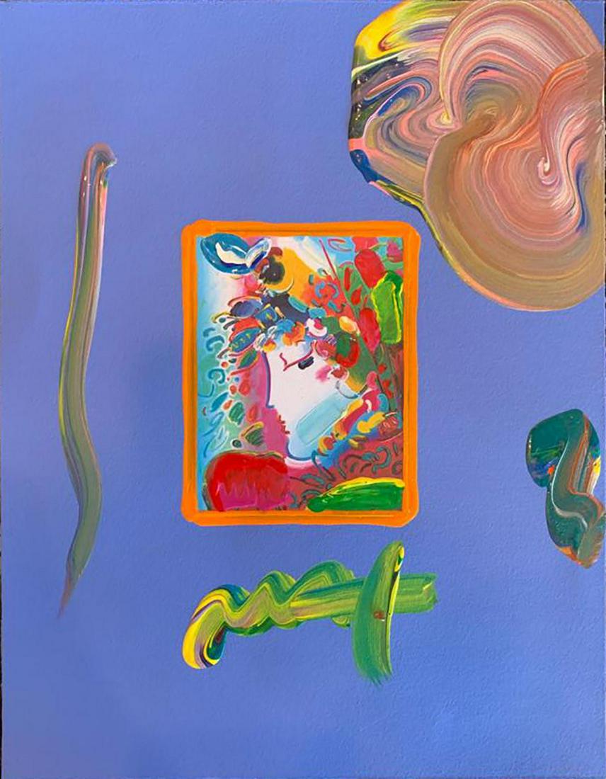 PETER MAX Finkelstein, "Blushing Beauty", ORIG MIXED: Peter Max Finkelstein, ORIGINAL MIXED MEDIA, HAND SIGNED, ONE OF A KIND MIX MEDIA ON PAPER, painting size" 8.5" X 11" FRAMED IN A BEAUTIFUL $350 RETAIL FRAME.Approx frame size 20x23. One of the most f