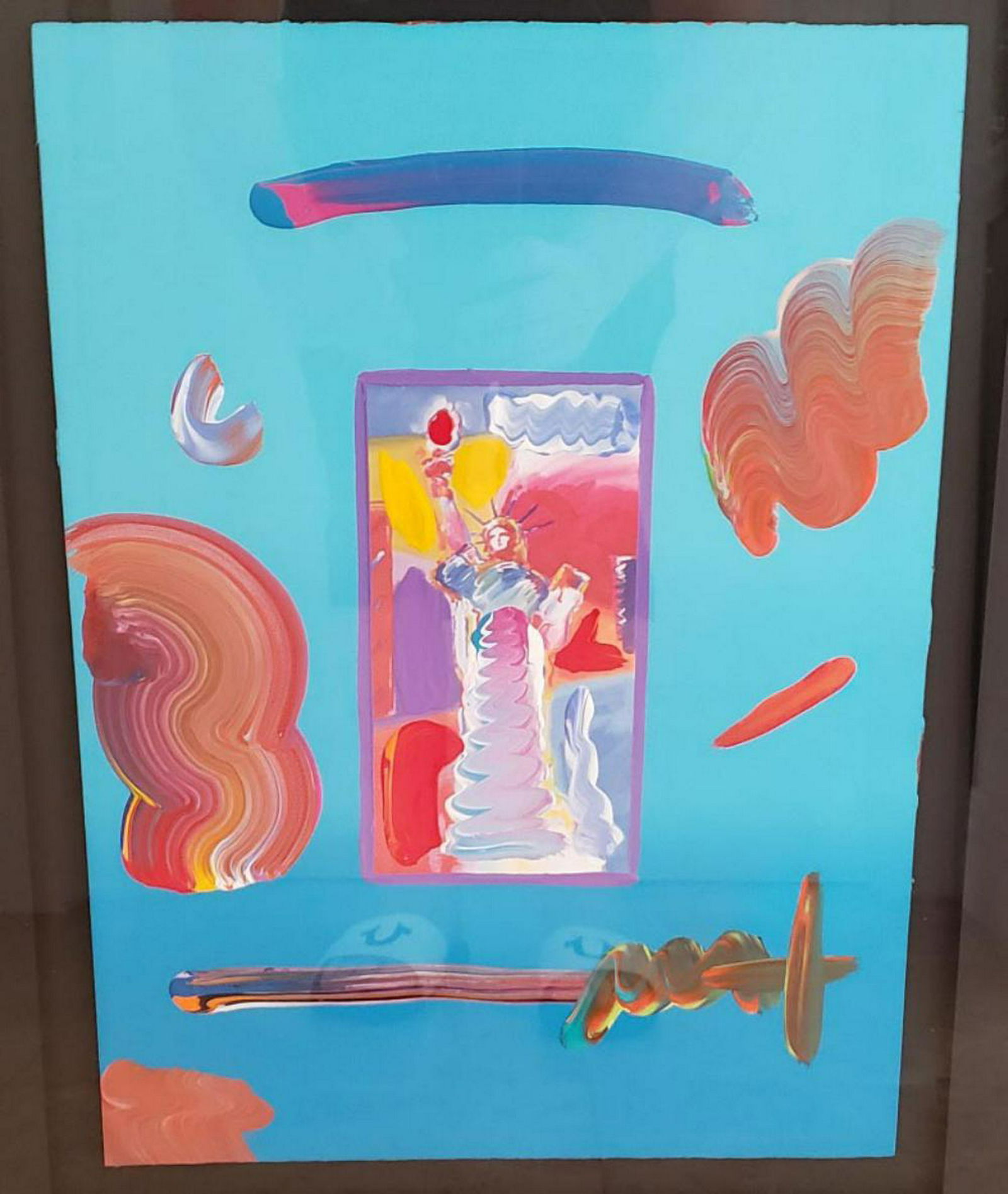 Peter Max Finkelstein STATUE OF LIBERTY Or. Mixed media: Artist: Peter Max Finkelstein. ORIGINAL MIXED MEDIA, HAND SIGNED, ONE OF A KIND MIX MEDIA ON PAPER, painting size" 16" X 12" COMES FRAMED 30" x 26"One of the most famous of all living artist's, Peter