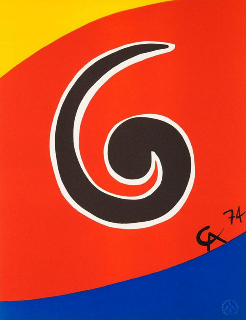 Alexander Calder, Sky Swirl 1974 Lithograph: This bold and colorful Lithograph is from Alexander Calder's historic "Flying Colors Collection" produced for Braniff Airlines in 1974. Artist: Alexander Calder Title: Sky Swirl Image Size: 26 x 20 in
