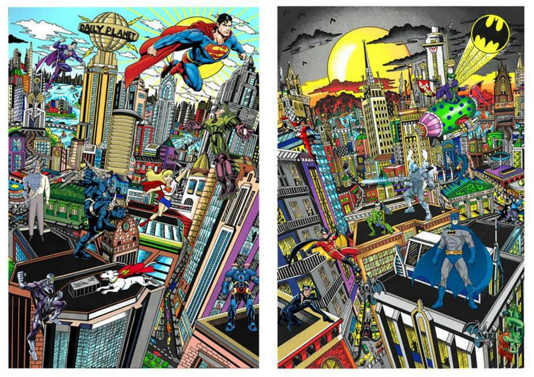 Charles Fazzino, Superhero Suite "Superman Saves the: Superhero Suite Of two pieces "Superman Saves the Day" & "Batman Rules the Night" (DX) Charles Fazzino Limited Edition 3-Dimensional Serigraph Superman & Batman 23" x 16" Each Hand signed and 